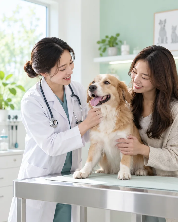สัตวแพทย์กำลังตรวจสัตว์พร้อมให้ข้อมูลแก่เจ้าของ
